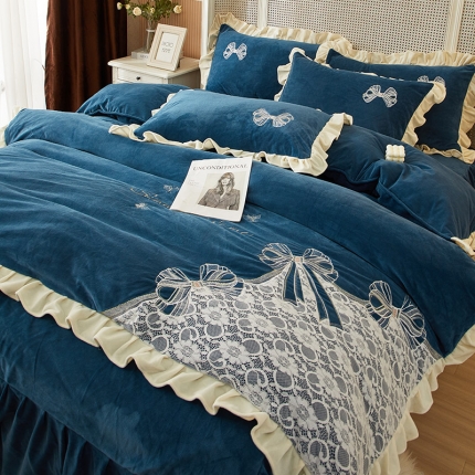 91家纺网 家纺一手货源 找家纺 总库里梦网红直播爆款韩版婴儿绒四件套高档蕾丝刺绣床笠床裙花边款加厚加密