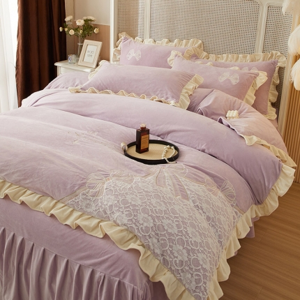 91家纺网 家纺一手货源 找家纺 总库里梦网红直播爆款韩版婴儿绒四件套高档蕾丝刺绣床笠床裙花边款加厚加密