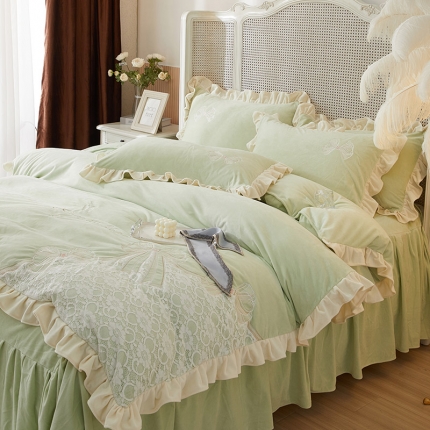 91家纺网 家纺一手货源 找家纺 总库里梦网红直播爆款韩版婴儿绒四件套高档蕾丝刺绣床笠床裙花边款加厚加密