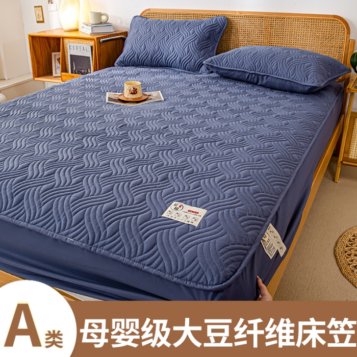 91家纺网 家纺一手货源 找家纺 X猫先生2024新款A类原棉本色大豆纤维夹棉床垫三件套 简爱-岩石蓝