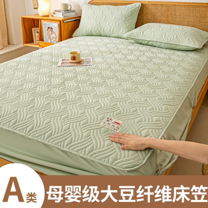 91家纺网 家纺一手货源 找家纺 X猫先生2024新款A类原棉本色大豆纤维夹棉床垫三件套 简爱-飘逸绿