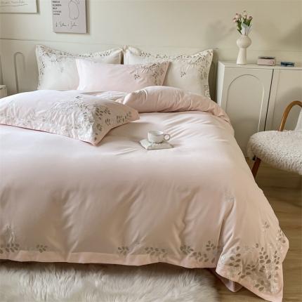 布可 2025秋冬新款云朵棉轻奢精密刺绣四件套-月影 月影-樱花粉