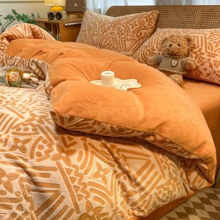 91家纺网 家纺一手货源 找家纺 莱茵 2023新款高克重牛奶绒雕花烂花简单款四件套 依丝克-落日橙