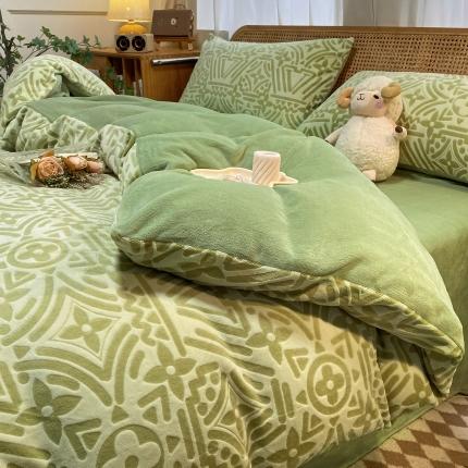 91家纺网 家纺一手货源 找家纺 莱茵 2023新款高克重牛奶绒雕花烂花简单款四件套 依丝克-苹果绿