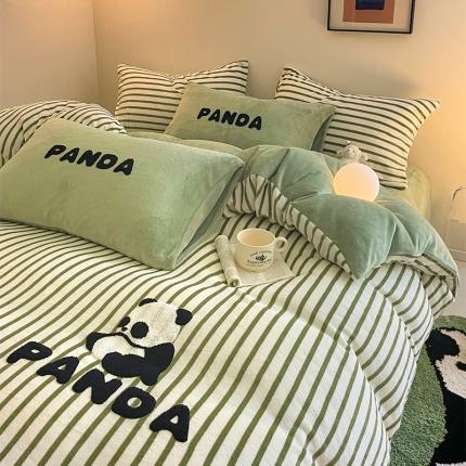 91家纺网 家纺一手货源 找家纺 如一 2023新款多巴胺元素韩式ins毛巾绣条纹牛奶绒四件套 大熊猫