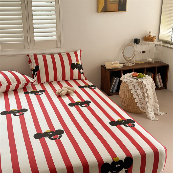 91家纺网 家纺一手货源 找家纺 洋铭区 2023新款全棉单品床笠红条小象