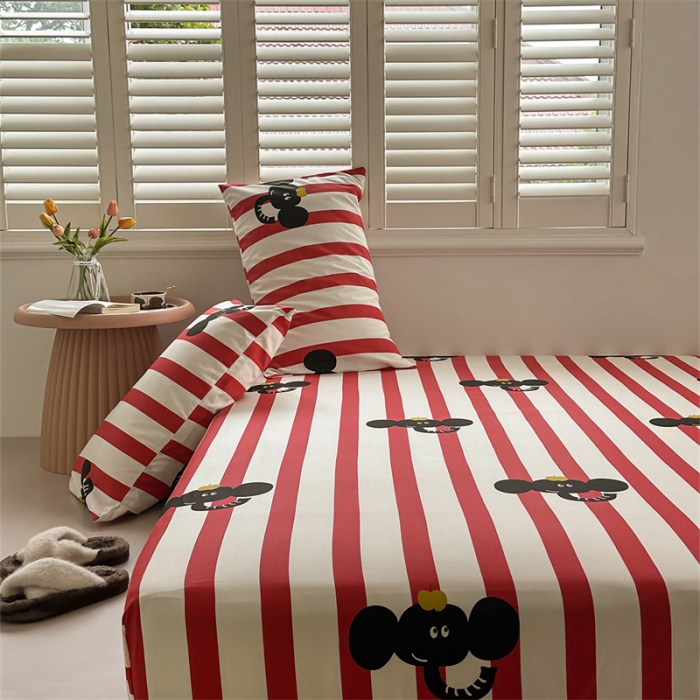 91家纺网 家纺一手货源 找家纺 洋铭区 2023新款全棉单品床笠红条小象