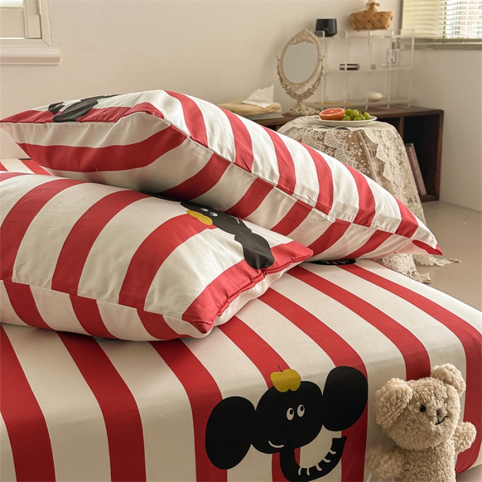 91家纺网 家纺一手货源 找家纺 洋铭区 2023新款全棉单品床笠红条小象