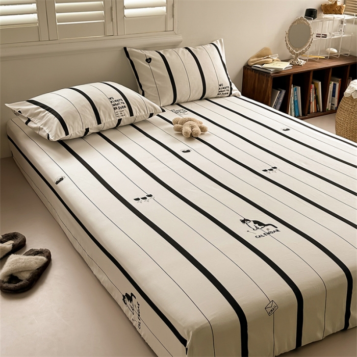 91家纺网 家纺一手货源 找家纺 洋铭区 2023新款全棉单品床笠条纹小猫