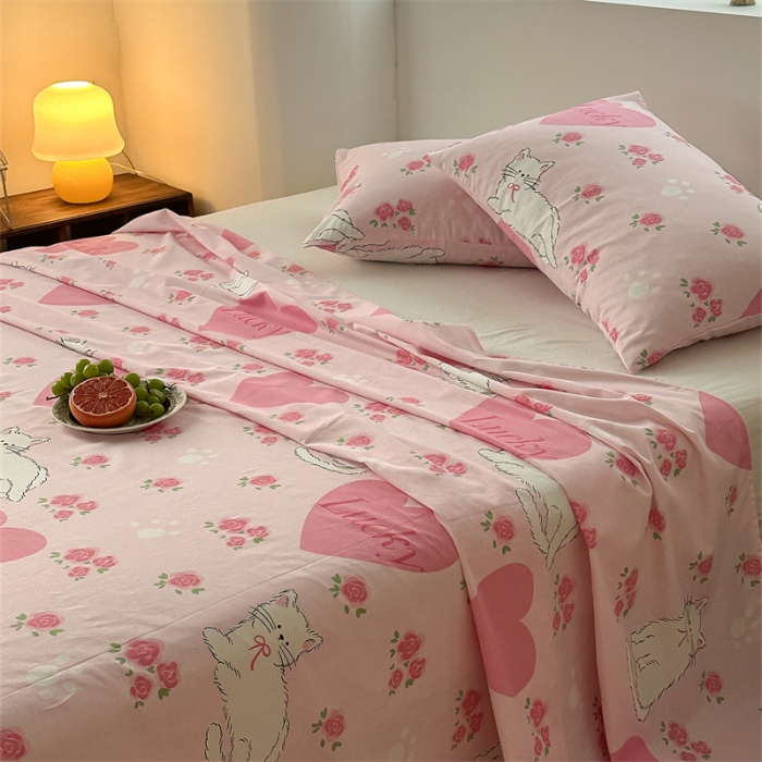 91家纺网 家纺一手货源 找家纺 洋铭区 2023新款全棉单品床单桃心猫