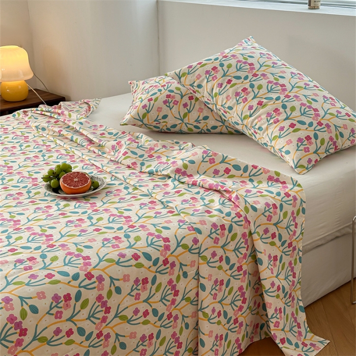 91家纺网 家纺一手货源 找家纺 洋铭区 2023新款全棉单品床单小花紫粉