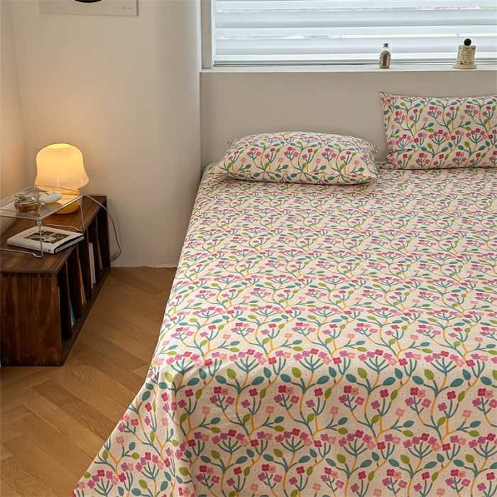 91家纺网 家纺一手货源 找家纺 洋铭区 2023新款全棉单品床单小花紫粉