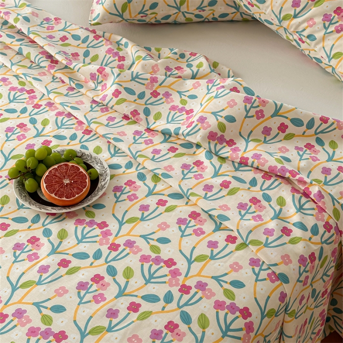 91家纺网 家纺一手货源 找家纺 洋铭区 2023新款全棉单品床单小花紫粉