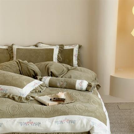 91家纺网 家纺一手货源 找家纺 馨蕊 2023新款300克极细腻超柔煦暖绒进口导电丝四件套-浪漫主义 艾绿