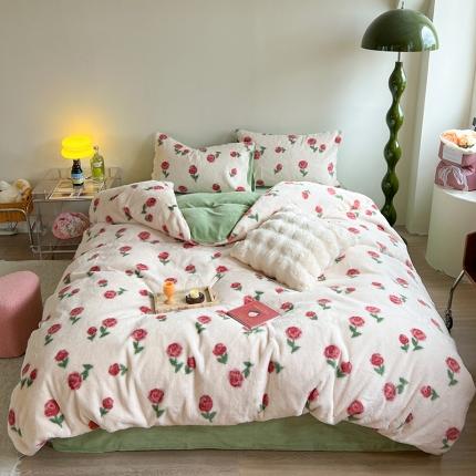 91家纺网 家纺一手货源 找家纺 （总）柚子家纺 2023新款高克重舒适保暖兔绒印花四件套