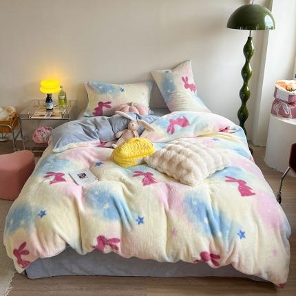 91家纺网 家纺一手货源 找家纺 （总）柚子家纺 2023新款高克重舒适保暖兔绒印花四件套