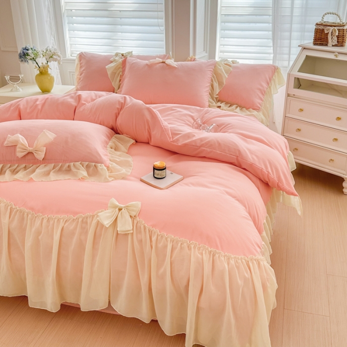 91家纺网 家纺一手货源 找家纺 （总）老K（美阁）超柔雪纺大花边蝴蝶结四件套