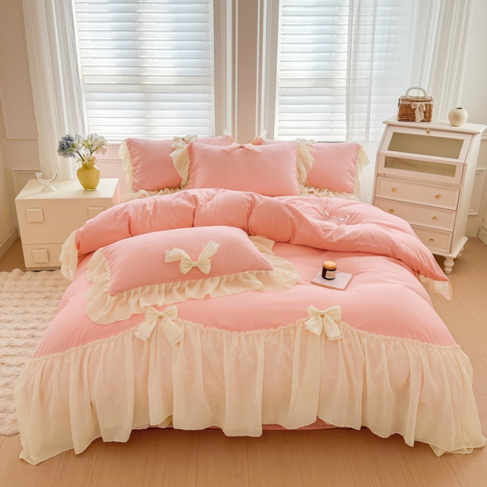 91家纺网 家纺一手货源 找家纺 （总）老K（美阁）超柔雪纺大花边蝴蝶结四件套