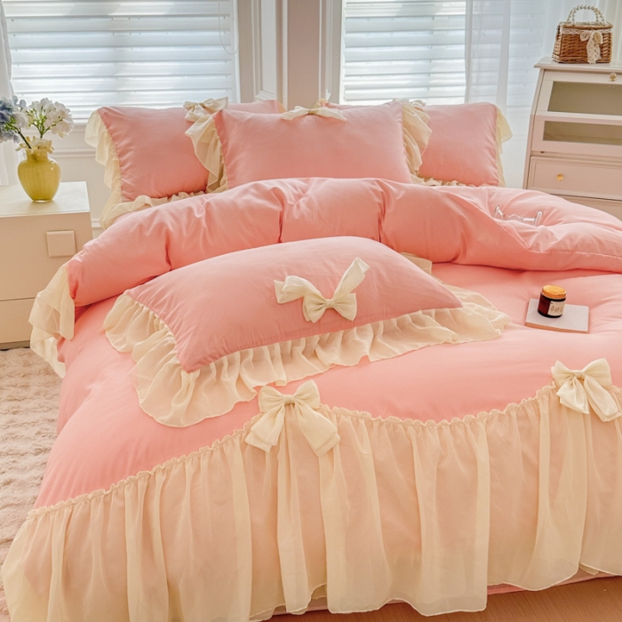 91家纺网 家纺一手货源 找家纺 （总）老K（美阁）超柔雪纺大花边蝴蝶结四件套