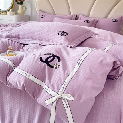 91家纺网 家纺一手货源 找家纺 庭笙 千鸟格提花绣花+立体织带蝴蝶结四件套-山茶花 香芋紫