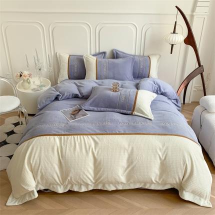 芯贝儿 2024新款轻奢简约绣花加厚牛奶绒保暖四件套 山茶花--星黛紫