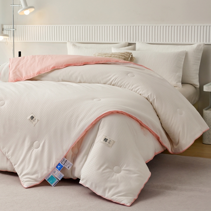 91家纺网 家纺一手货源 找家纺 2025新款原棉双拼提花大豆被二合一拉链款子母被春秋冬被子夏被学生宿舍被褥 子母被本白+粉玉色