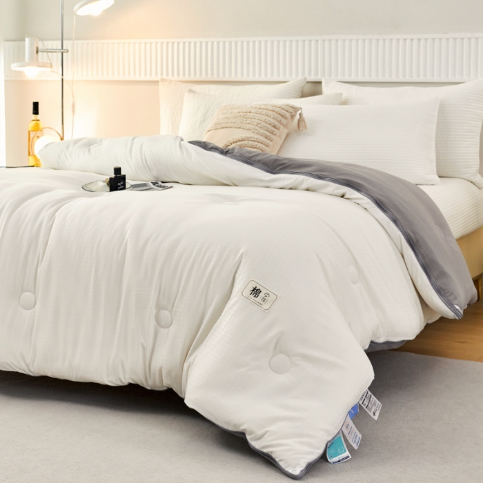 91家纺网 家纺一手货源 找家纺 2025新款原棉双拼提花大豆被二合一拉链款子母被春秋冬被子夏被学生宿舍被褥 子母被本白+绅士灰
