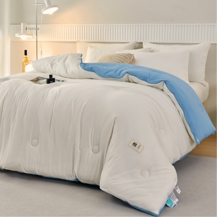 91家纺网 家纺一手货源 找家纺 2025新款原棉双拼提花大豆被二合一拉链款子母被春秋冬被子夏被学生宿舍被褥 子母被本白+天空蓝