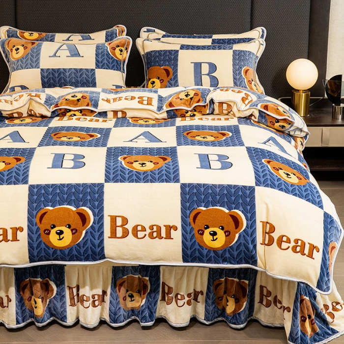 91家纺网 家纺一手货源 找家纺 2024直播印花8.5斤牛奶绒金貂水晶法莱珊瑚绒四件套床裙款 Ab熊