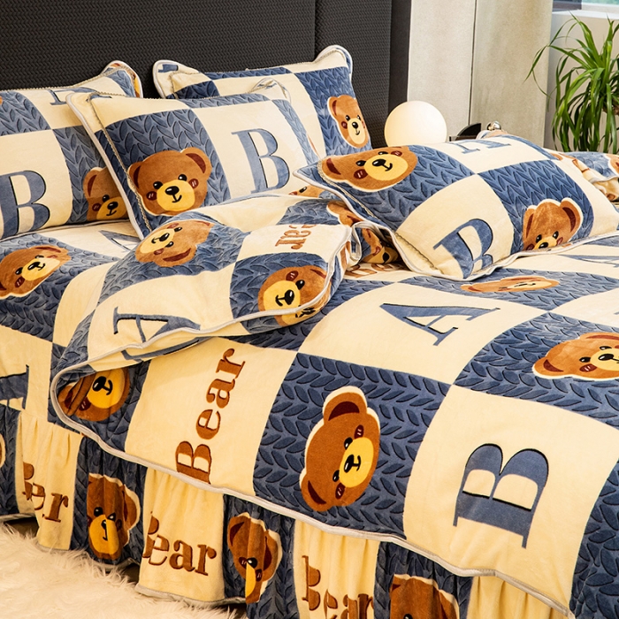 91家纺网 家纺一手货源 找家纺 2024直播印花8.5斤牛奶绒金貂水晶法莱珊瑚绒四件套床裙款 Ab熊