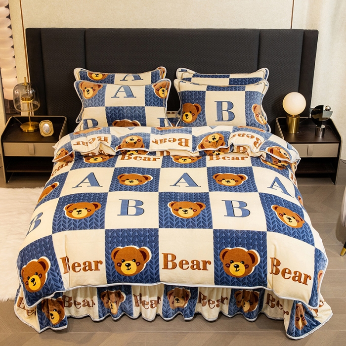 91家纺网 家纺一手货源 找家纺 2024直播印花8.5斤牛奶绒金貂水晶法莱珊瑚绒四件套床裙款 Ab熊