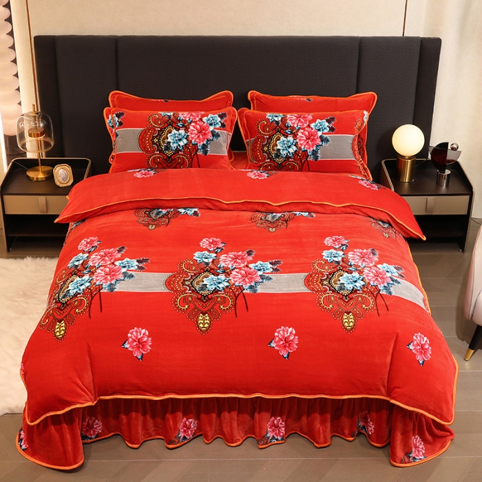 91家纺网 家纺一手货源 找家纺 2024直播印花8.5斤牛奶绒金貂水晶法莱珊瑚绒四件套床裙款 大富大贵