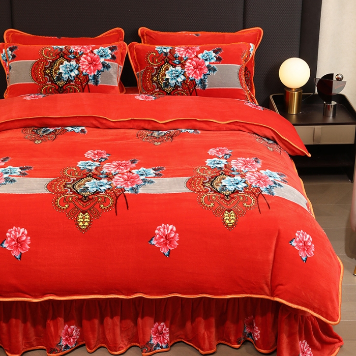 91家纺网 家纺一手货源 找家纺 2024直播印花8.5斤牛奶绒金貂水晶法莱珊瑚绒四件套床裙款 大富大贵