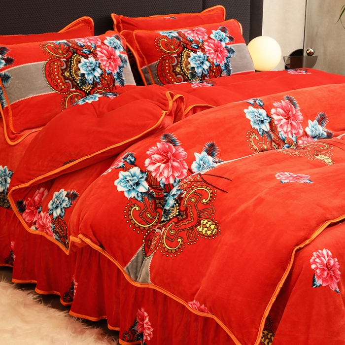 91家纺网 家纺一手货源 找家纺 2024直播印花8.5斤牛奶绒金貂水晶法莱珊瑚绒四件套床裙款 大富大贵