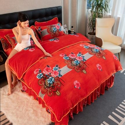 2024直播印花8.5斤牛奶绒金貂水晶法莱珊瑚绒四件套床裙款 大富大贵