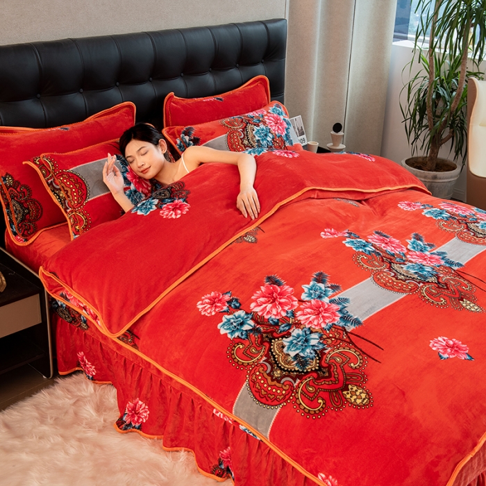 91家纺网 家纺一手货源 找家纺 2024直播印花8.5斤牛奶绒金貂水晶法莱珊瑚绒四件套床裙款 大富大贵