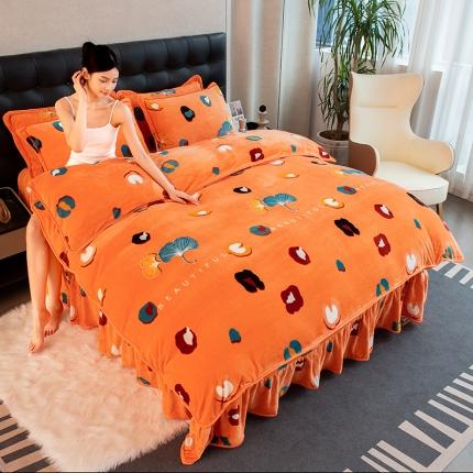 2024直播印花8.5斤牛奶绒金貂水晶法莱珊瑚绒四件套床裙款 动物足迹