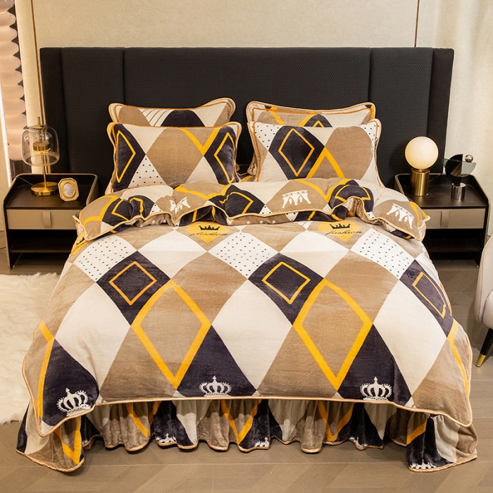 91家纺网 家纺一手货源 找家纺 2024印花8.5斤牛奶绒金貂水晶法莱珊瑚绒四件套床裙款 简约时尚-灰