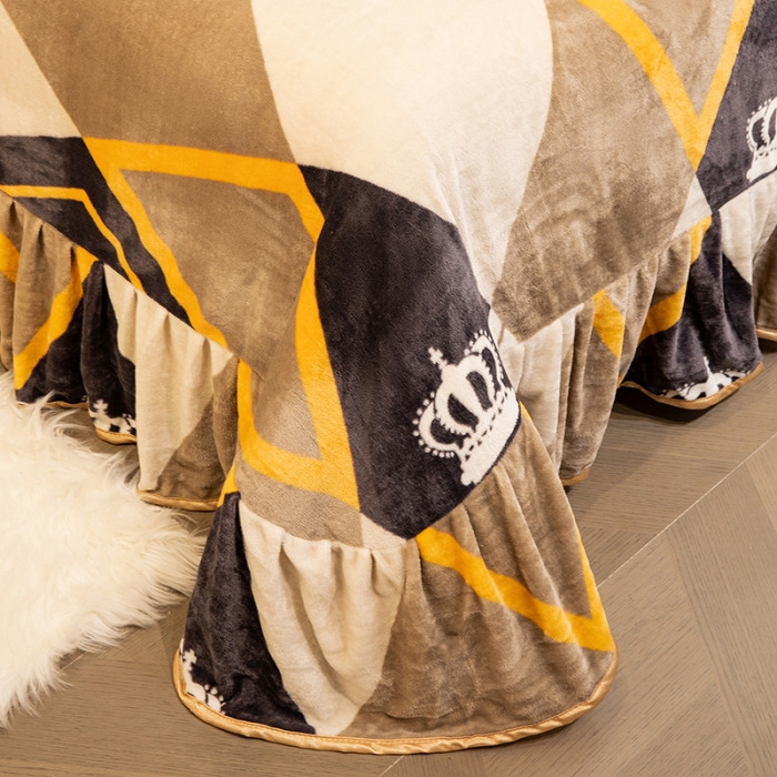 91家纺网 家纺一手货源 找家纺 2024印花8.5斤牛奶绒金貂水晶法莱珊瑚绒四件套床裙款 简约时尚-灰