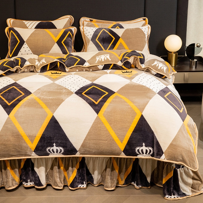 91家纺网 家纺一手货源 找家纺 2024印花8.5斤牛奶绒金貂水晶法莱珊瑚绒四件套床裙款 简约时尚-灰