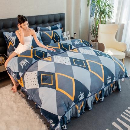 91家纺网 家纺一手货源 找家纺 2024印花8.5斤牛奶绒金貂水晶法莱珊瑚绒四件套床裙款 简约时尚-蓝