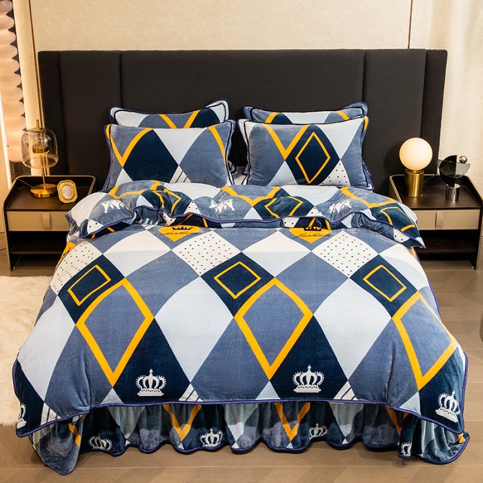 91家纺网 家纺一手货源 找家纺 2024印花8.5斤牛奶绒金貂水晶法莱珊瑚绒四件套床裙款 简约时尚-蓝