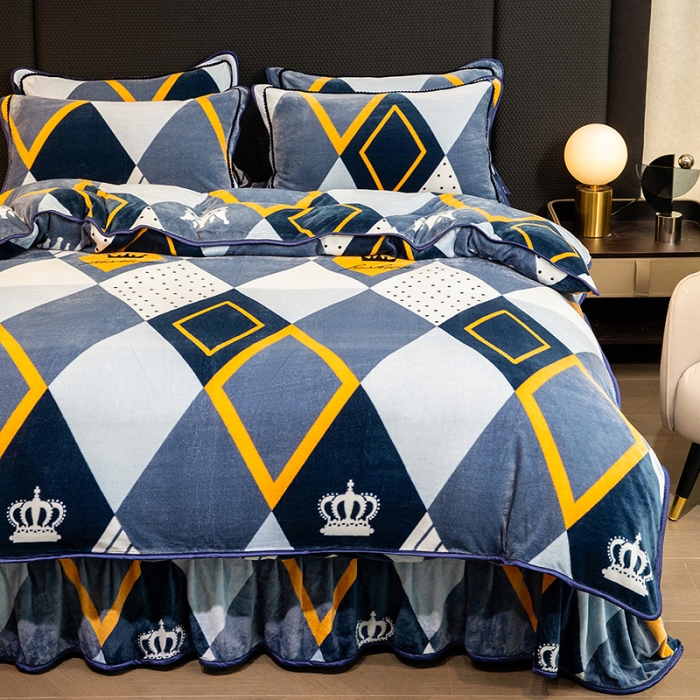 91家纺网 家纺一手货源 找家纺 2024印花8.5斤牛奶绒金貂水晶法莱珊瑚绒四件套床裙款 简约时尚-蓝