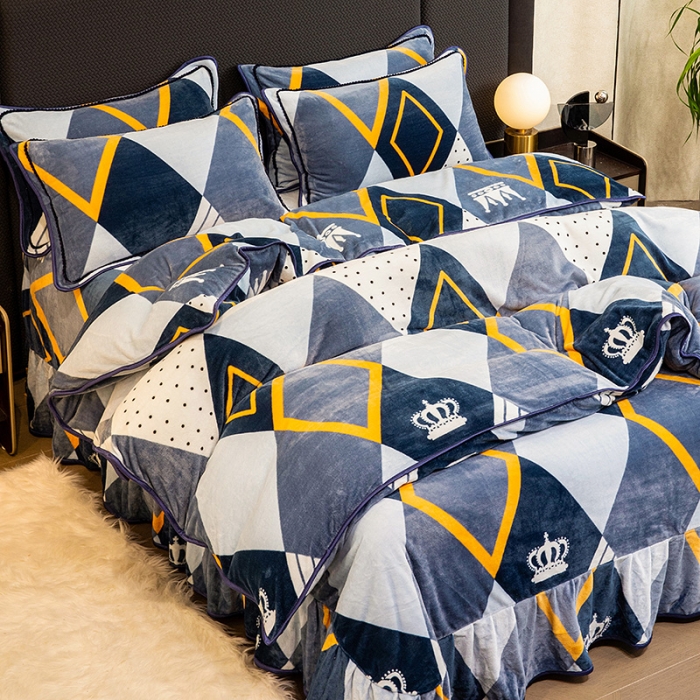 91家纺网 家纺一手货源 找家纺 2024印花8.5斤牛奶绒金貂水晶法莱珊瑚绒四件套床裙款 简约时尚-蓝