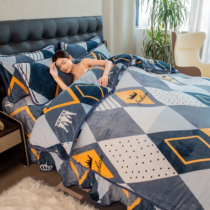 91家纺网 家纺一手货源 找家纺 2024印花8.5斤牛奶绒金貂水晶法莱珊瑚绒四件套床裙款 简约时尚-蓝