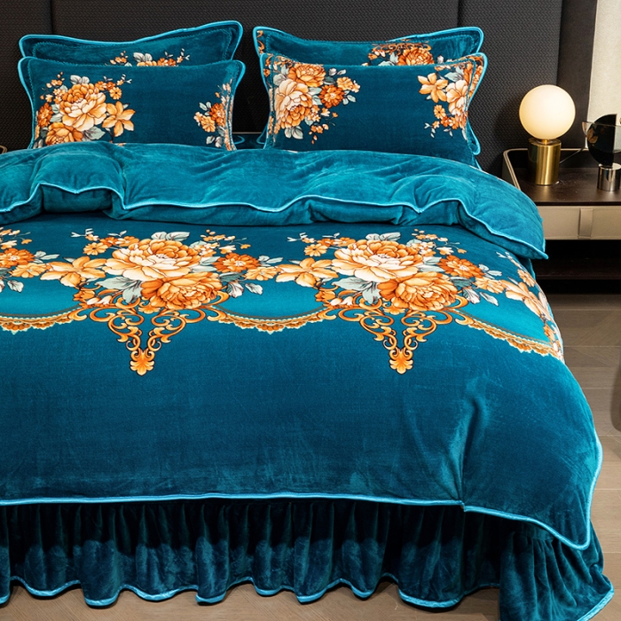 91家纺网 家纺一手货源 找家纺 2024直播印花8.5斤牛奶绒金貂水晶法莱珊瑚绒四件套床裙款 绿意花海