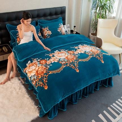 2024直播印花8.5斤牛奶绒金貂水晶法莱珊瑚绒四件套床裙款 绿意花海