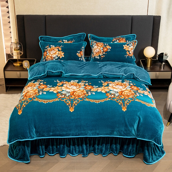 91家纺网 家纺一手货源 找家纺 2024直播印花8.5斤牛奶绒金貂水晶法莱珊瑚绒四件套床裙款 绿意花海