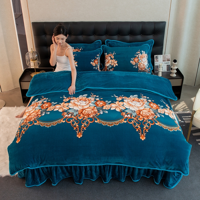 91家纺网 家纺一手货源 找家纺 2024直播印花8.5斤牛奶绒金貂水晶法莱珊瑚绒四件套床裙款 绿意花海