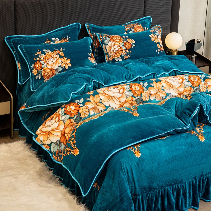 91家纺网 家纺一手货源 找家纺 2024直播印花8.5斤牛奶绒金貂水晶法莱珊瑚绒四件套床裙款 绿意花海